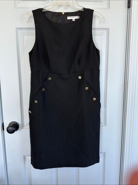 Trina Turk Black Sleeveless Sheath Dress with Gold Buttons